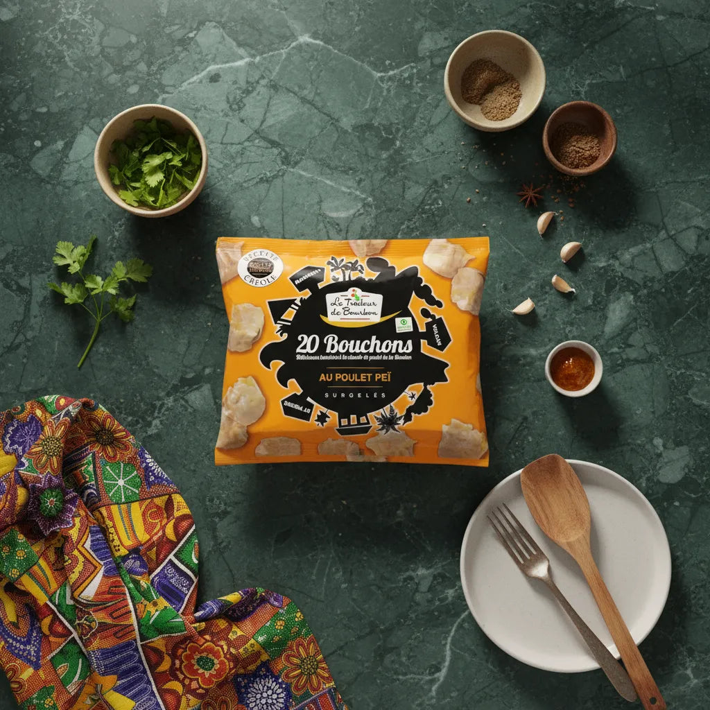 Bouchons poulet LE TRAITEUR DE BOURBON posés sur table avec épices et herbes, produit surgelé de volaille pour cuisine exotique.